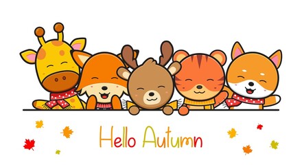 happy cute animal in autumn banner icon cartoon illustration