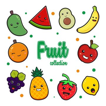Set collection of cute fruit doodle cartoon clip art icon illustration