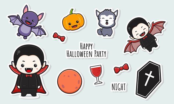 Set collection of cute dracula halloween stickers with object doodle cartoon clip art icon illustration