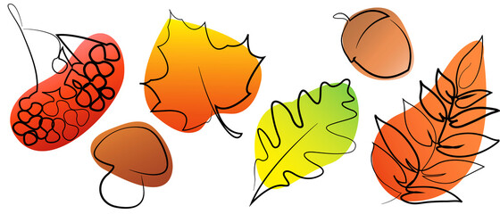 Set of autumn elements icon in one line art style. Isolated autumn leaves on white background. One continuous line drawing art illustration © Мария Кульвиц