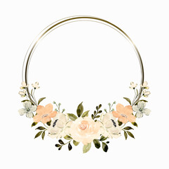 Watercolor white peach floral wreath with gold circle