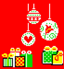 christmas gifts pixel art, three pixel balls for the Christmas tree. Christmas background, New Year greeting card with a space to copy