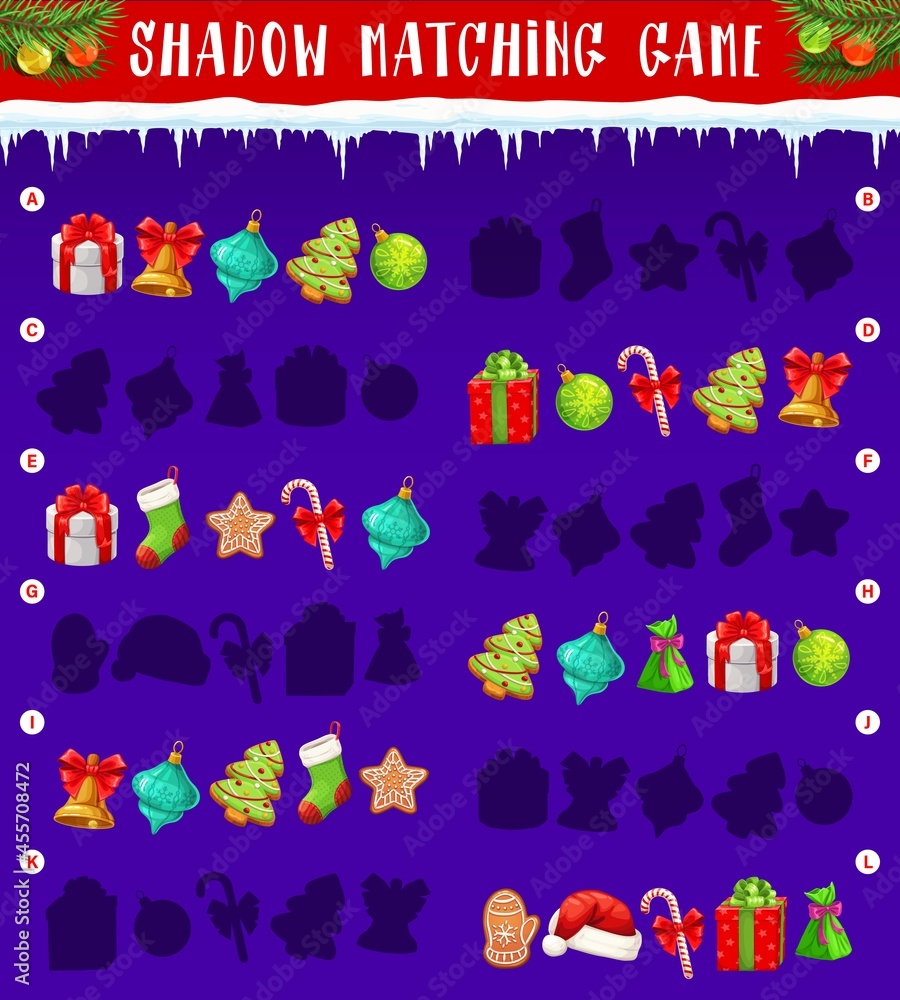 Aufkleber christmas gift shadow matching game or puzzle vector template of children education activity. riddle