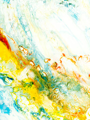 Abstract creative hand painted background with yellow, green and blue colors, fluid art, marble texture, abstract ocean, acrylic painting on canvas.