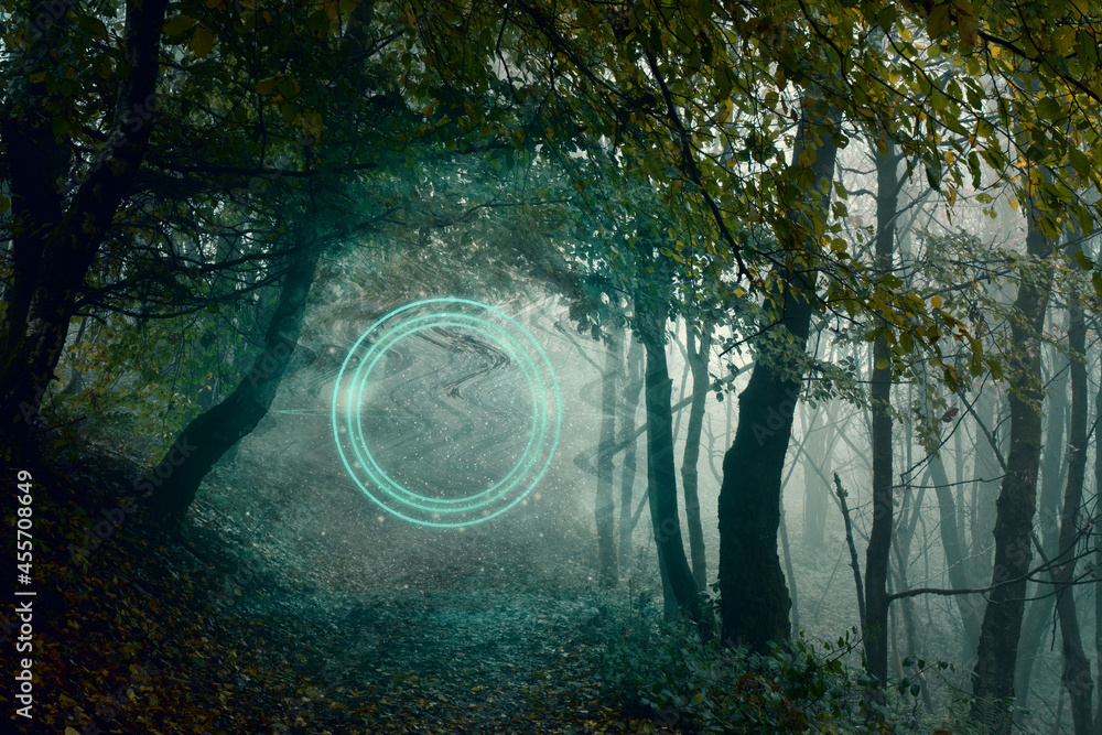 Sticker a glowing, portal, gateway on a forest path. on an foggy autumn day.