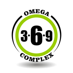Circle vector icon Omega complex for package product signs contain 3, 6, 9 omega ingredient in healthy food pictogram logo with fish oil symbol