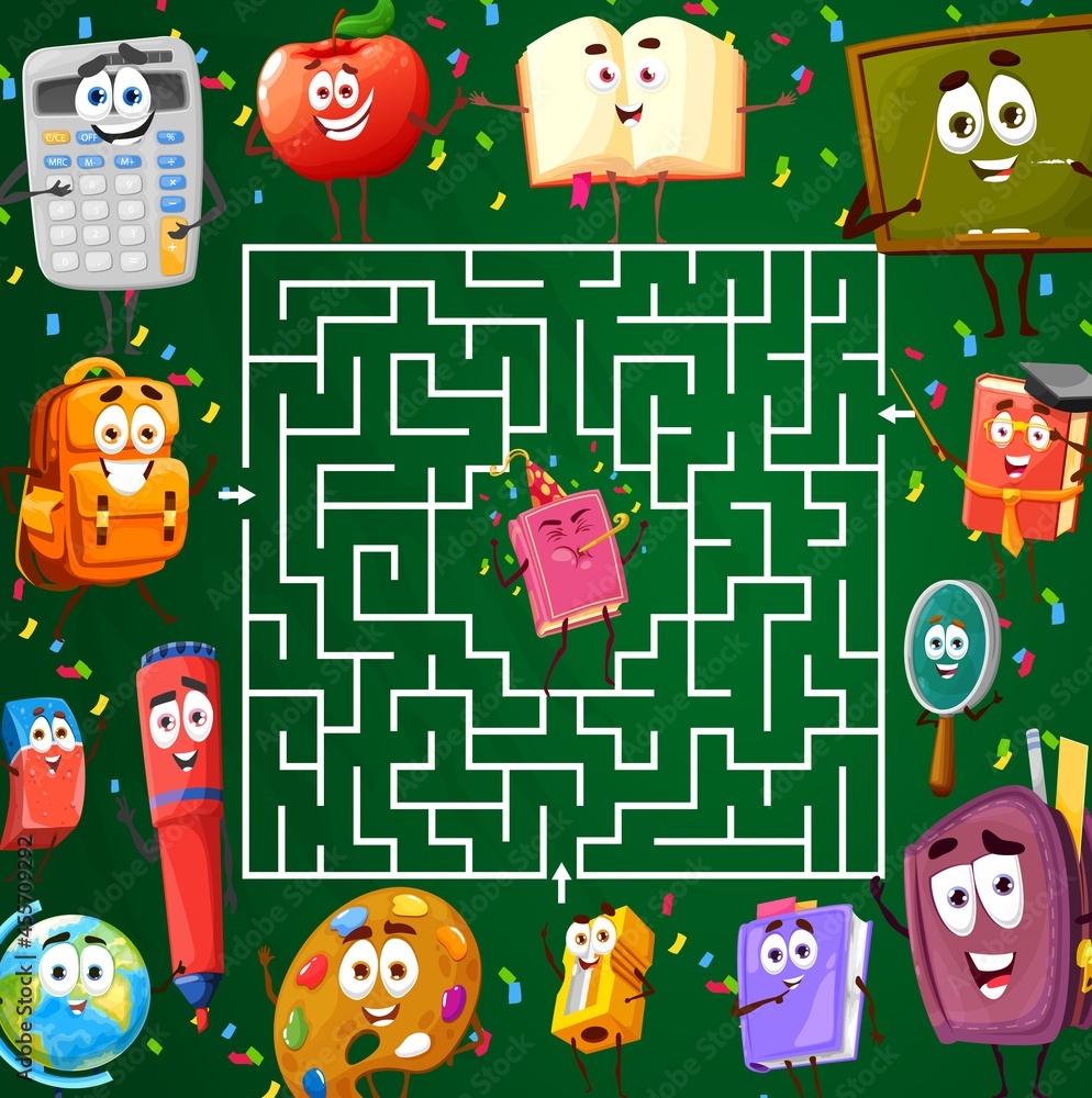 Leinwandbilder labyrinth maze with school characters, kids riddle worksheet game, vector. find way out tabletop lab