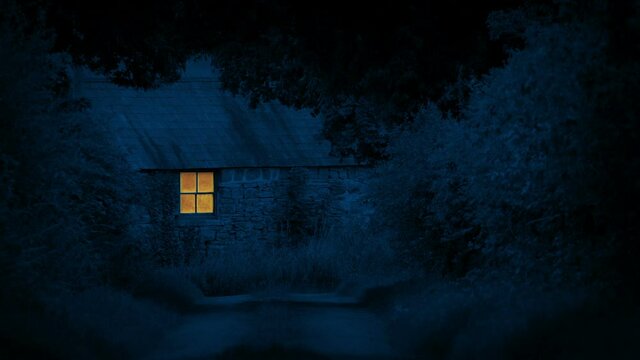 Light On And Person Walks Past In Rural House At Night