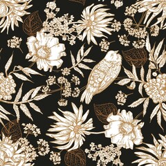 Seamless pattern with flowers, birds, berries and leaves. Black vintage background.