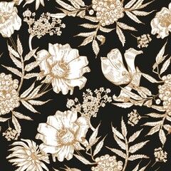 Seamless pattern with flowers. Black vintage background. Floristics. Vintage graphics.