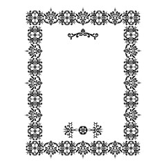 Vector border with a floral pattern for the design of frames, menus, wedding invitations or labels, for laser cutting, creating patterns in wood, marquetry. Digital graphics. Black and white.