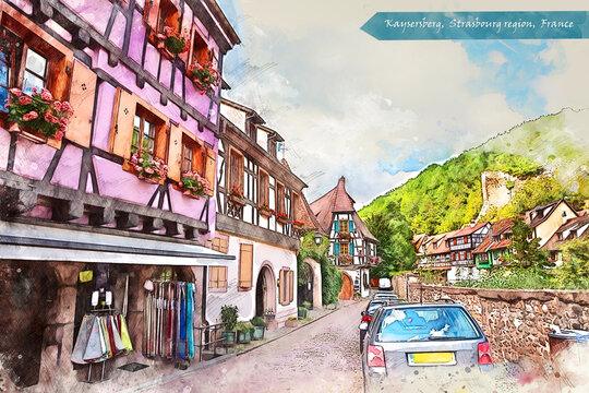 village Kaysersberg of Alsace region, France,  in watercolor sketch style