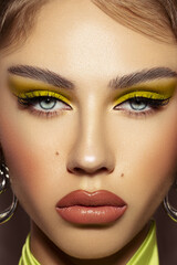 Vertical shot of a gorgeous attractive female model face with glam makeup