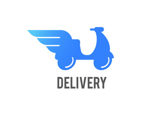 Blue delivery logo. Scooter, bike with wings, emblem and icon concept design