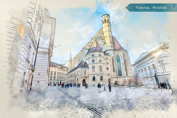 city life of Vienna, Austria,  in sketch style - obrazy, fototapety, plakaty