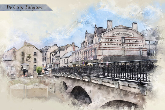 city life of Durbuy, Belgium,  in sketch style