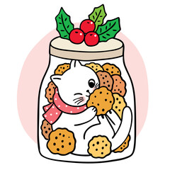Fototapeta premium Hand draw cartoon cute cat and cookie in glass bottle vector.