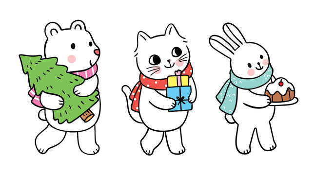 Hand draw cartoon cute Bear cat and mouse and present Christmas vector.