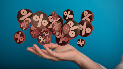 Red cubes percent falling on a white background. 3d rendering. Illustration for advertising.