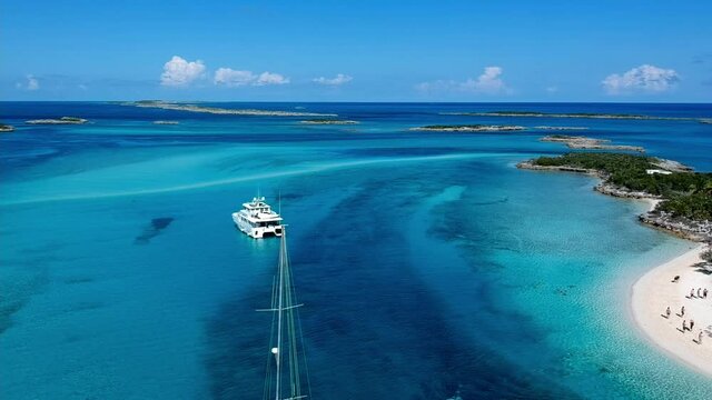 ELEUTHERA ISLAND, THE BAHAMAS - Nov 15, 2018: A dive boat near Eleuthera island, aerial view
