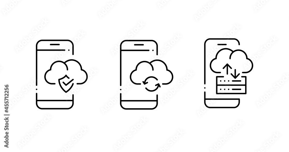 Poster cloud storage mobile device icons. security, servers and synchronization. pixel perfect, editable st