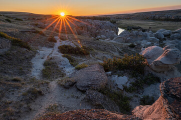Sunrise over Writing on Stone Provincial Park in the Milk River Valley, Alberta, Canada