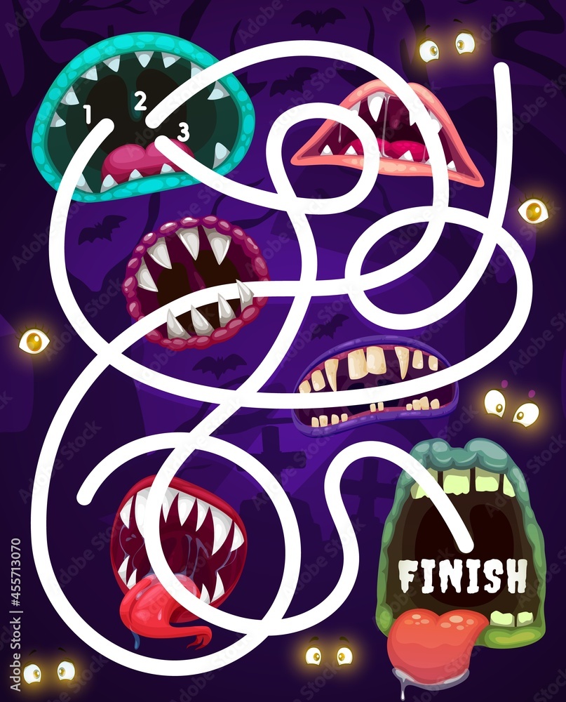 Poster kids maze game with monster mouths and eyes on cemetery. vector labyrinth puzzle find correct way bo