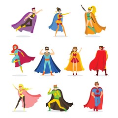 Vector illustrations in flat design of female and male superheroes in funny comics costume © virinaflora