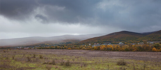 Fog is covering the valley. Atmospheric landscape. Nature, environmental conservation, ecology