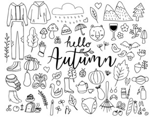 Hello autumn doodle,line hand drawn,hand lettering vector illustration.