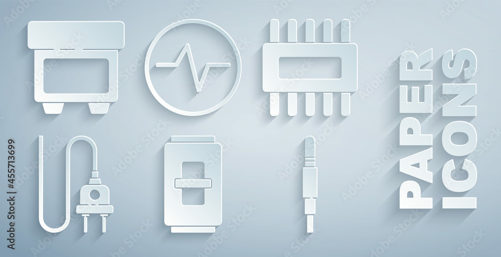 Poster set electric light switch, processor with microcircuits cpu, plug, audio jack, scheme and fuse icon.