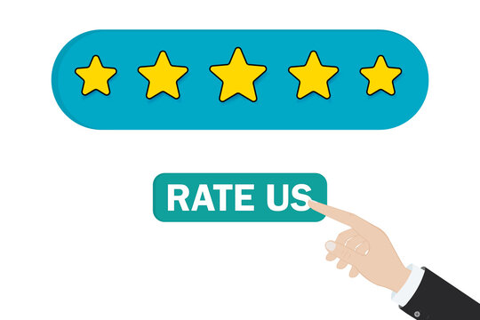 Five Gold Star Rating. Satisfaction Rating And Leaving Positive Review. Online Feedback Reputation Quality Customer Review. Rate Us. Vector Illustration.