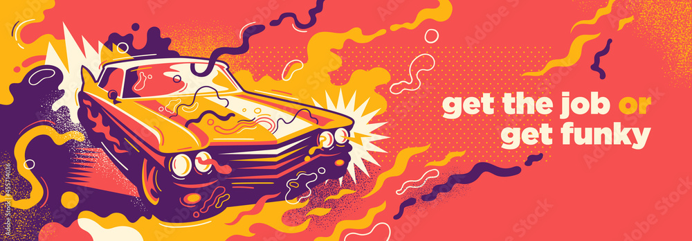 Poster retro style abstraction with colorful splashing shapes and car. vector illustration.