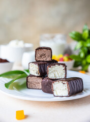 Cottage cheese rods or bars in chocolate glaze. Delicious breakfast. Traditional Hungarian dessert...