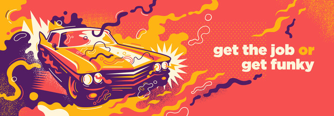 Retro style abstraction with colorful splashing shapes and car. Vector illustration.