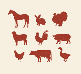 Vector set illustration red sketch silhouettes farm animals. A Collection of pig, cow, horse, lamb and birds.