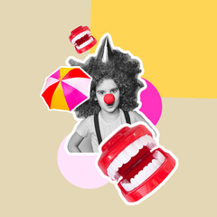 Creative conceptual collage of a smile with a color and black - and-white clown child as raffle on April 1. Modern design, modern art concept.