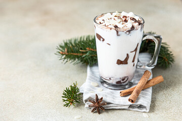 Glass cup with hot chocolate or cocoa drink and cinnamon sticks with anise, light concrete background.