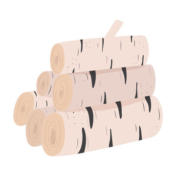 Hand drawn pile of birch logs isolated on white background. Frewood for fireplace or bonfire. Stack of chopped wood vector illustration with texture