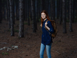 pretty woman hiker backpack forest nature walk freedom