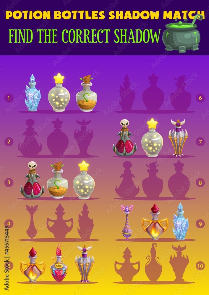 Aufkleber potion bottles shadow match kids game with magician flasks. find correct shadow children logic activ