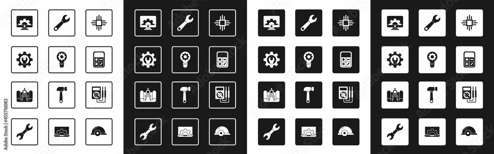 Poster set processor with microcircuits cpu, light bulb and gear, wrench spanner, computer monitor, calcula