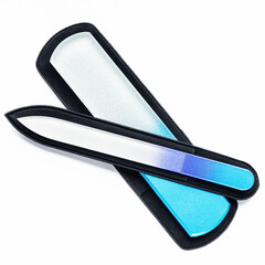 blue glass nail files on white background