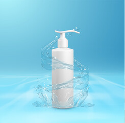 Cosmetics white plastic bottle with spiral water effect vector eps10