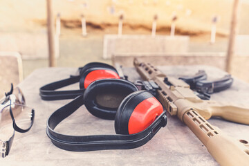 Weapons and military equipment for army, Assault rifle gun, shooting instructor.