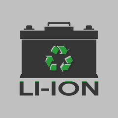 Lithium Ion Battery with recycle symbol on it. Flat style illustration. Isolated. 