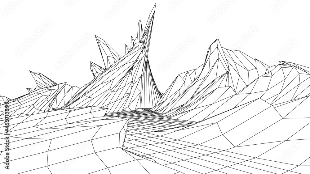 Poster wireframe landscape background. 3d grid technology illustration landscape. network connection struct