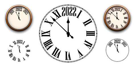 Set of clocks showing 2022 year.
