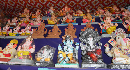 Indian Hindu God Lord Ganesha Statues, Coated with colors and sold for Ganesh Chathurthi