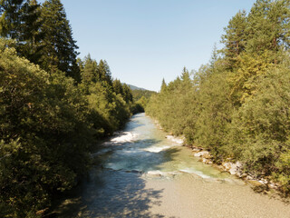 Bavarian landscape. Weißach river between Wildbad and Kreuth.Tributary of Mangfall in Upper Bavaria, flowing near Rottach-Egern to the lake of Tegernsee